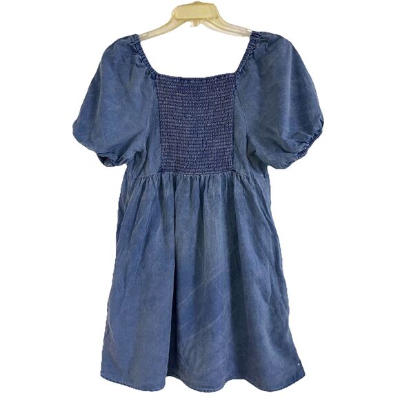 OLD NAVY L 100% Tencel Blue Demin Soft Chambray Dress Puff Sleeve Shirred Back - Picture 4 of 6